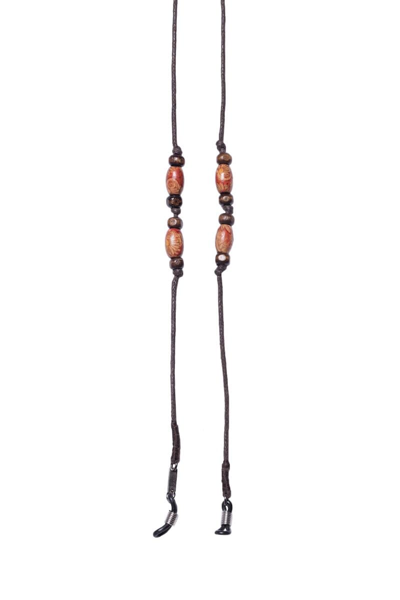 Glasses strap made with brown string and wooden beads.