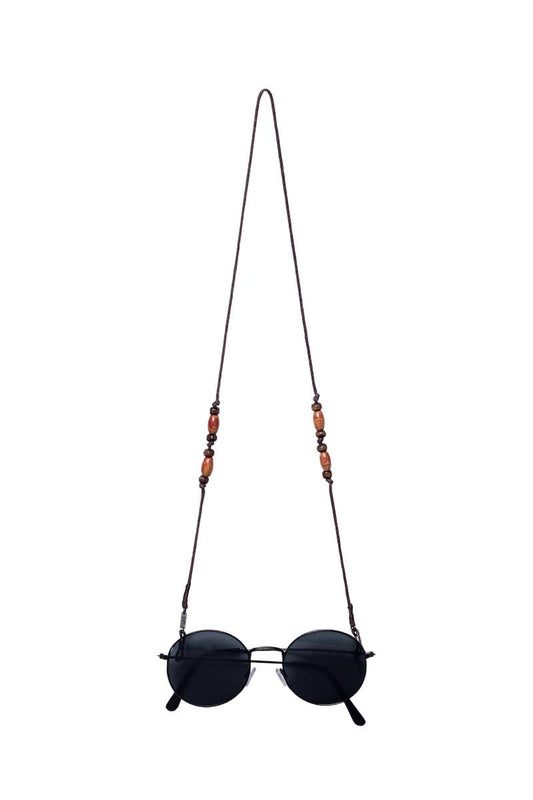 Glasses strap made with brown string and wooden beads. 